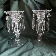 Cambridge Glass Single Light  Candle Sticks W/ Bobeches Prisms #3121 Pair