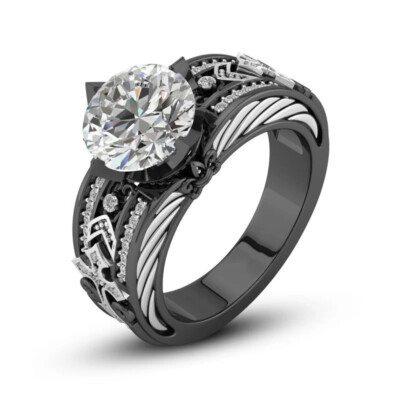 Vintage Gothic Style 2.0Ct Round Cut CZ-Stone Black Ring For Woman In 925 Silver