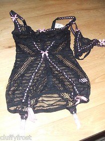 AGENT PROVOCATEUR 34C OR 36C BLACK/PINK KRYSTALANA CORSELETTE & THONG 3 MED BNWT