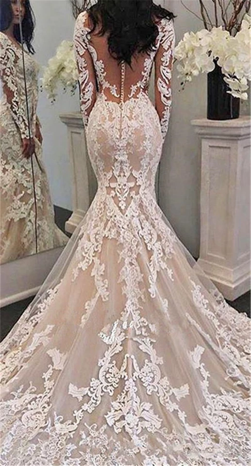 Luxury Mermaid Wedding Dresses Long Sleeve Lace Applique Bridal Gown Sweep Train - Image 3 of 4
