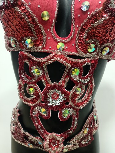 Ägyptischer Bauchtanz Kostüm BH & Gürtel Set Profi Tanzen ROT Silber - Bild 2 von 6