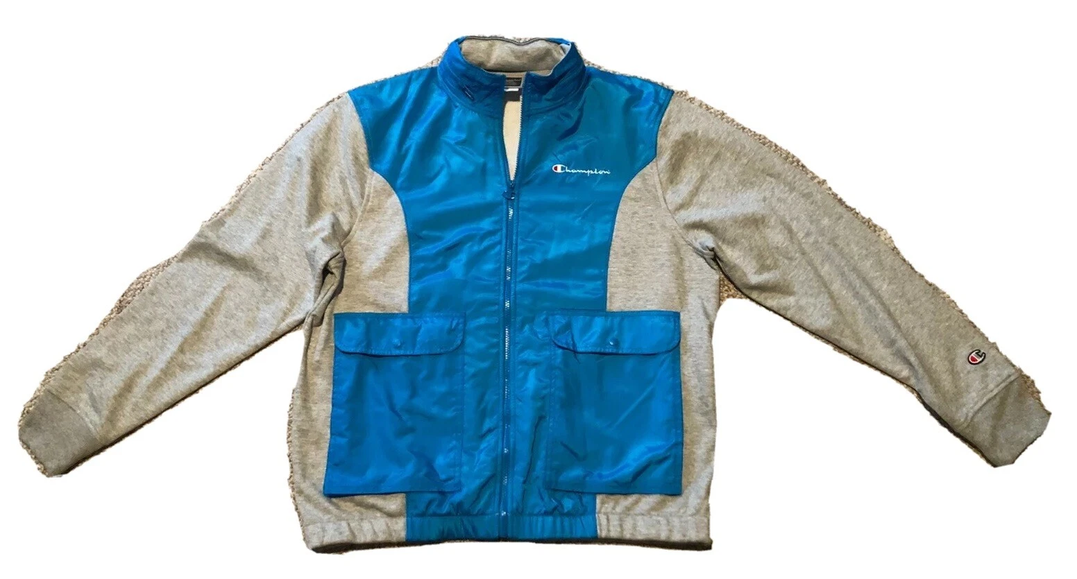 CHAMPION LIFE MEN'S MIXED MEDIA JACKET W/ ZIP HOOD-OXFORD GREY/LIGHT BLUE-LARGE
