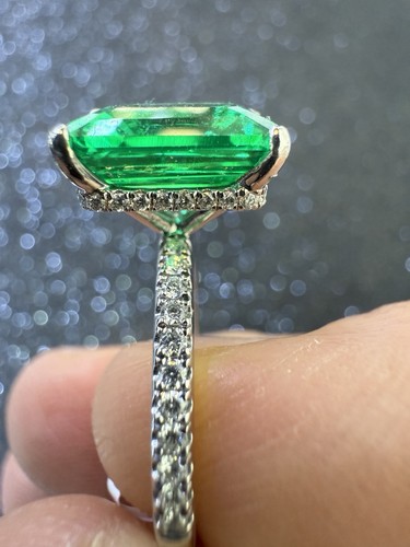 18K White Gold Ring Lab Grown Emerald Colorstone Diamond Hidden Halo Ring - Picture 8 of 11