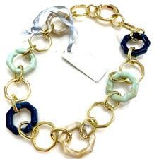 Gold-Tone Link Necklace with Navy, Mint and C...