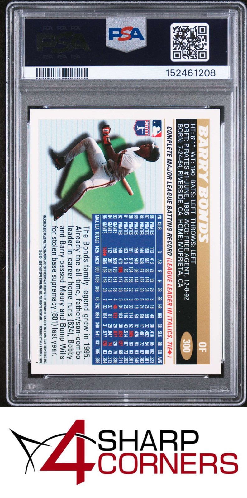 1996 TOPPS #300 BARRY BONDS GIANTS PSA 10 view 2