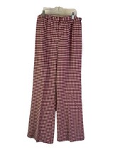 Vintage 70s Womens 16 Red Gingham Plaid High Rise Wide Leg Knit Pants Rockabilly