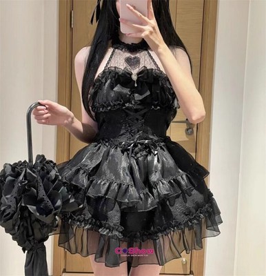sheer black lolita dress Women Gothic Classic Summer Sleeveless Vinage Goth Lolita Dress Plus Size Anime Maid Cosplay Costume the semi Womens Classic Black Layered Lace-up