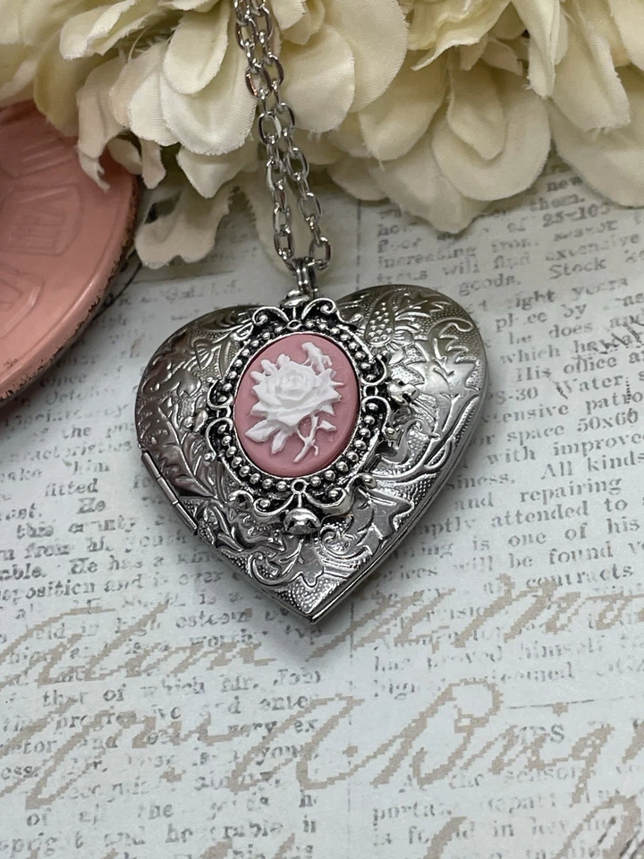 Corazón Plata Rosa y Blanco Encaje Medallón Rosa Collar Foto Novia Boda Novia Foto 2 de 4