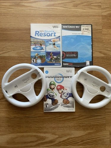 LOT OF 3 Wii Games MARIO KART - Wii Resort - Wii SPORTS + 2 Wii Wheels!