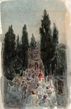Small Watercolour Painting - Victor Charles Ames - Figures At Chapel Italy