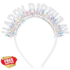 CIEHER Birthday Headband Crown Silver Glitter Letters