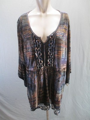 Unity Size 2X Womens Multicolor Sequine Long Sleeve Loose Comfy Casual Tunic 750