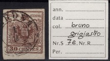 LOMBARDO VENETO 1850 30 CENTESIMI BRUNO GRIGIASTRO N.7e US. MARGINATO