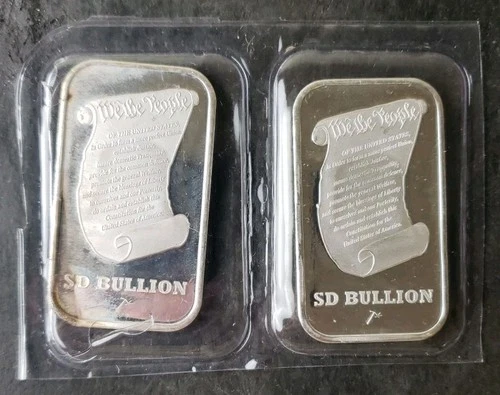 Two SIlverTowne SD Bullion 1oz Silver Constitution/Liberty Bell Bars in Plastic