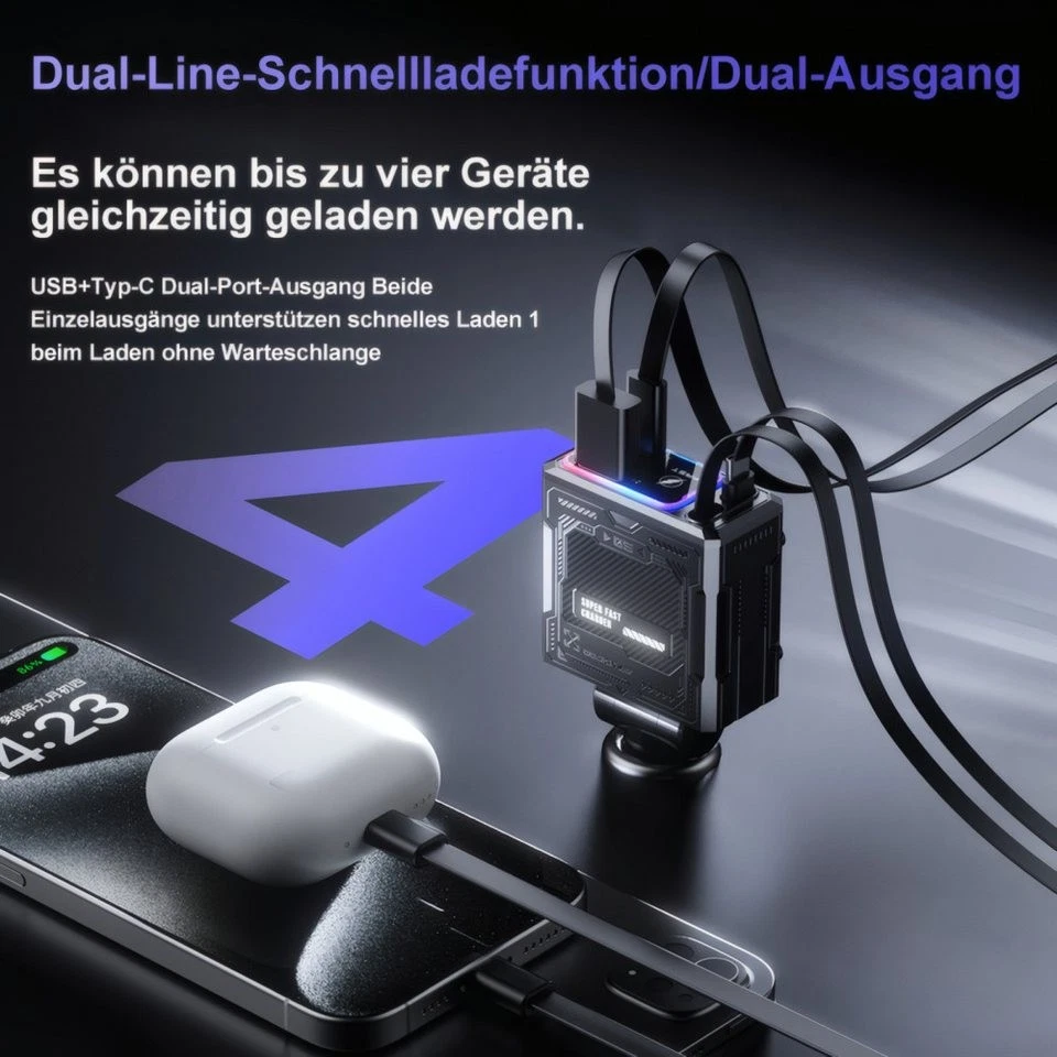 USB Zigarettenanzünder-Verteiler 120W 4 in 1 Einziehbares Auto Ladegerät Adapter - Bild 4 von 4