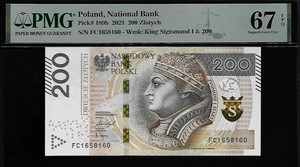 Poland 200 Zlotych 2021 PMG 67 EPQ UNC P#189b King Sigismund I Series FC