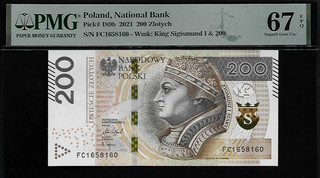 Poland 200 Zlotych 2021 PMG 67 EPQ UNC P#189b King Sigismund I Series FC