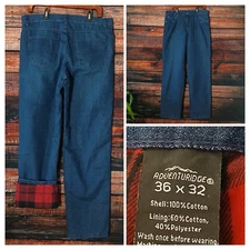Adventuridge Flannel Lined Jeans 36X32 Straight Leg Dark Blue Denim Zip Fly Mens