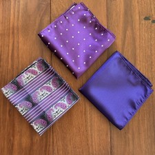 Lot Of 3 Pocket Square Handkerchief Hanky Silk Purple Hand Made 9.5  
