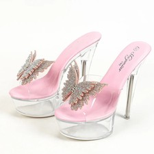 Summer Women Rhinestones Butterfly Transparent Platform High Heel Slippers Pumps
