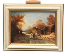 G.Schultheis Fattoria Con Cavalli Anatre Quadro a Olio Tela Autografato Telaio