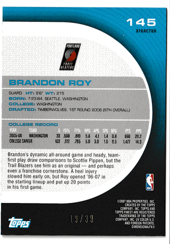 BRANDON ROY 2005 TOPPS FINEST BASKETBALL DRAFT REDEMPTION GOLD XFRACTOR RC 19/39 - Picture 2 of 2