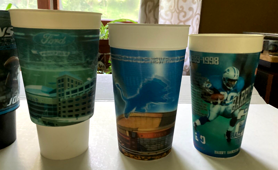 Lot of 6 NFL Detroit Lions Plastic Cups; Stafford, Johnson, Suh & Barry