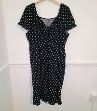 Shein Womens Dress Black White Size 0XL UK 14 Milkmaid Polka Dot Ruched Midi