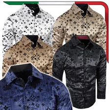 Mens Luxury Dress Shirt Black Velvet Italian Logo Striped Slim Stretch Button Up