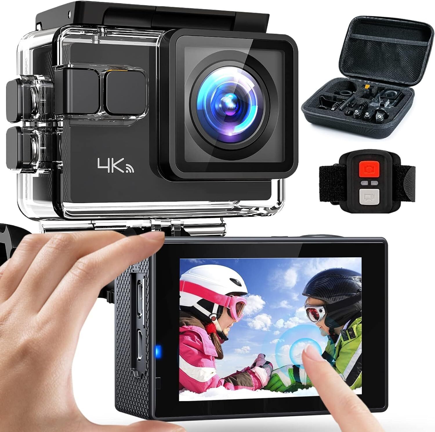Action Camera 4K 60FPS 20MP Touch Screen 8X Zoom with Carrying Case Wi Fi EIS 40