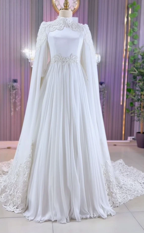 Muslim Wedding Dresses Chiffon with Cape Long Sleeves High Neck Lace Bridal Gown - Image 4 of 4