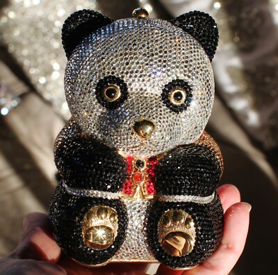 JUDITH LEIBER PANDA BEAR GOLD MINAUDIERE TEDDY CLUTCH SWAROVSKI