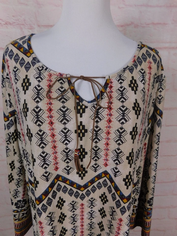 Top túnica cato mujer 18/20W boho estampado tribal manga larga cuello corbata Foto 2 de 4