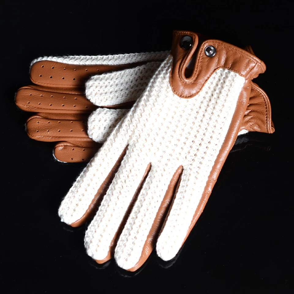 Men's 100% Real Leather Retro Unlined Driving Knitted Touch Screen Short Gloves - Image 3 of 4