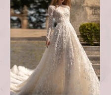 A-Line O-Neck Princess Wedding Dresses Lace Long Sleeve Applique BohoBridal Gown