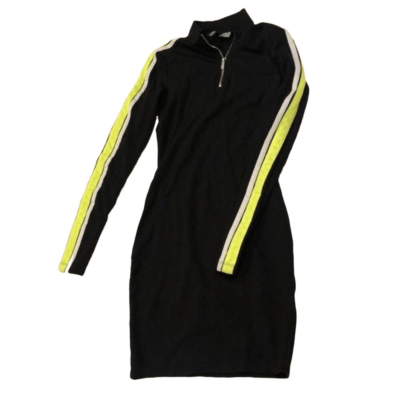 #ad 80’s Vibe Long Sleeve Bodycon Dress Black With Neon Green Yellow Stripe By Hamp;M $14.99