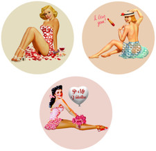 Vintage Valentine's Day Pin Up Girls - 3 Pack Circle Stickers Decals 3" x 3"