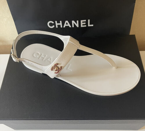 NIB CHANEL Slingback Thong Sandals White Leather Turn Lock  CC Logo EU 39.5 US 9 - Picture 1 of 9