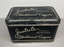 Vintage Justrite Dustless Blackboard Crayons Chalk Tin Storage Can~ W Some Chalk