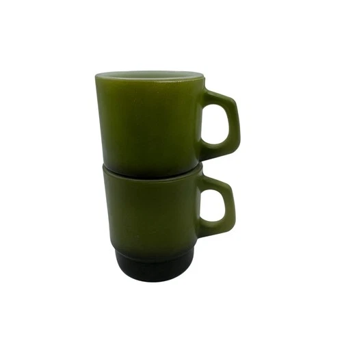 Anchor Hocking Fire King Green Stackable Coffee Mugs Set Of 2 Vintage Made In US