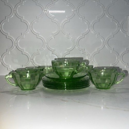 1930's Block Optic Emerald Green Uranium Vaseline Glass Cups & Saucers Lot Of 18 - Picture 14 of 24