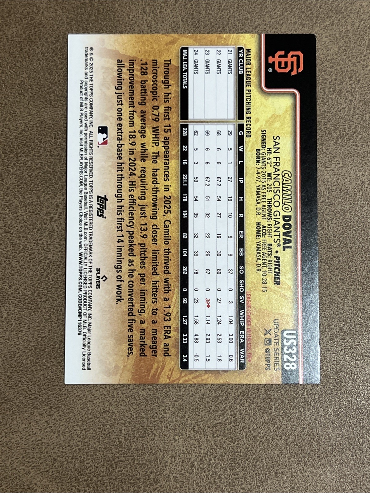 Camilo Doval 2025 Topps Update #US328 Golden Mirror Photo Variation SSP -Giants