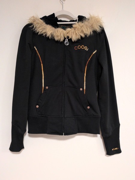 Coogi Zip Up Jumper Hoodie Fur Trim Black Pockets Size M
