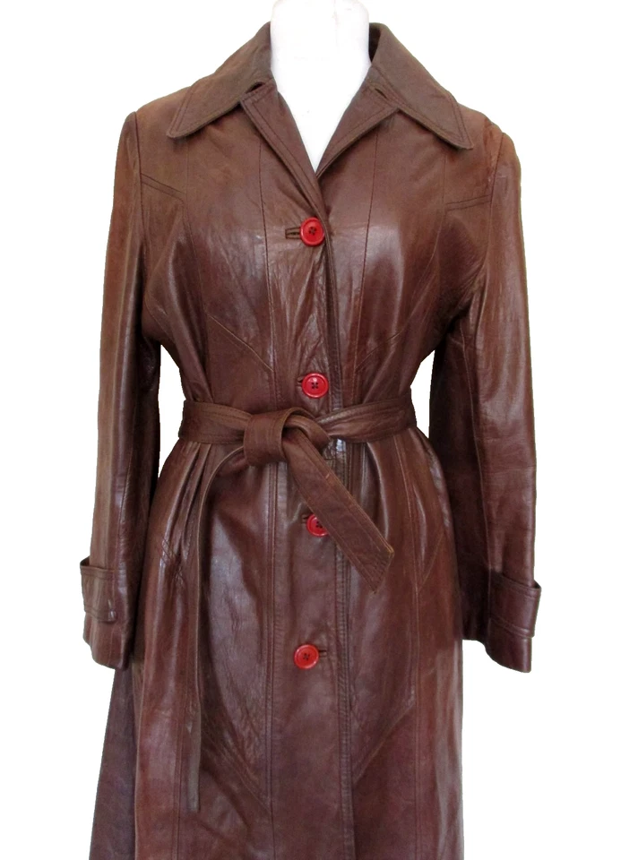 Vintage Leather Long Trench Coat Imperial Size M/L 70s Glossy Brown Belted - Image 2 of 4