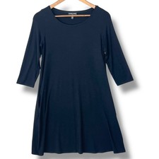 Eileen Fisher S Black Dress 3/4 Sleeve Pockets Soft Stretch LBD Capsule Classic