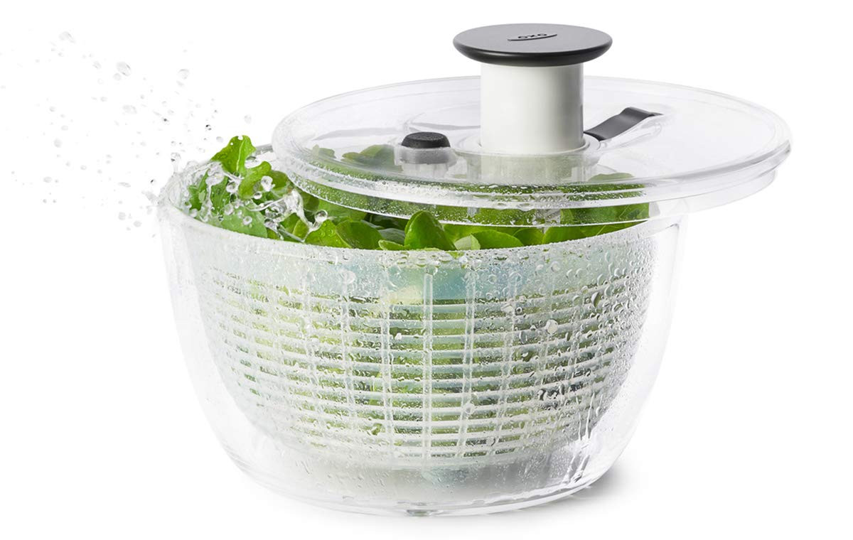 Compact OXO Salad Spinner for 2-3, Ideal for Fresh Greens and Veggie Prep in Modern Living Spaces-image