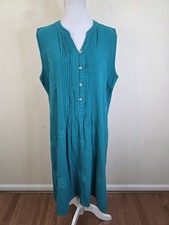Vintage 90s Eucalyptus Button Down Sleeveless Embroidered Shift Dress Cotton L