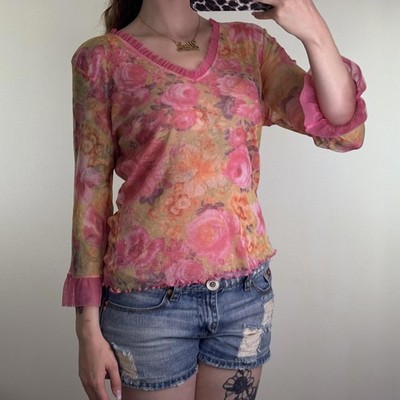 Y2K Vintage Floral Double Mesh Overlay 3/4 Arm Top V Ausschnitt Rüschen Rosa Orange