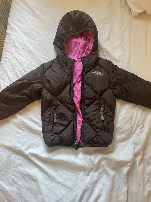 The North Face Girls XXS Reversible Moondoggy Down Brown Pink Polka Dot Puffer 