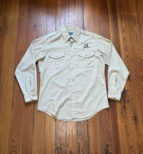 Vintage Button Shirt Men Sz L Beige Button Camp Hunting Safari Pockets